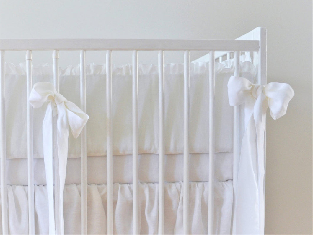White  Linen Crib Bumper -  With Ruffles