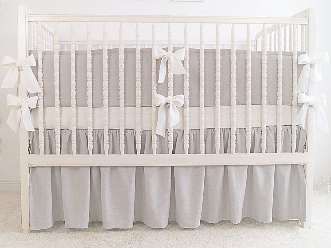 Gray Linen Crib Bedding Set - with white ties - Moods The Linen Store