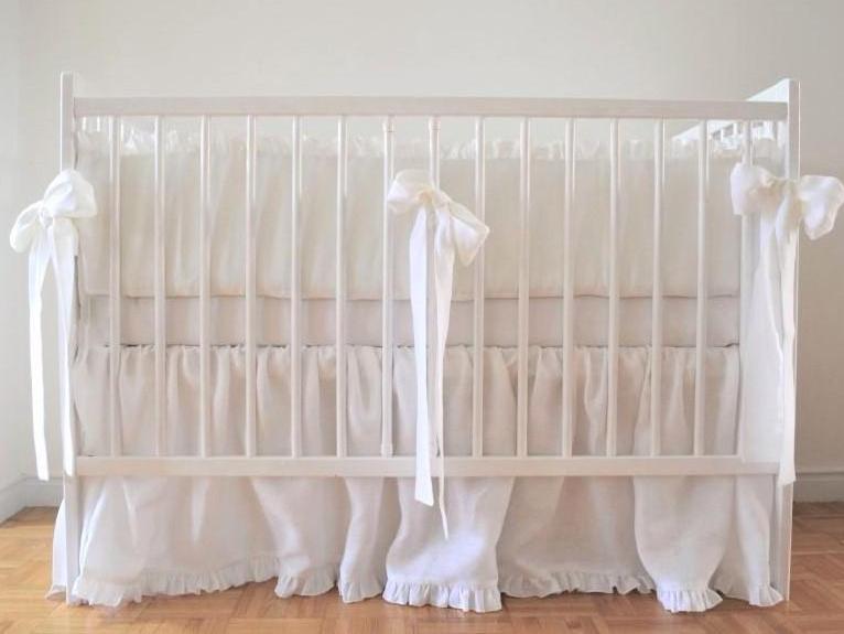 White  Linen Crib Bedding Set -  With Ruffles - Moods The Linen Store