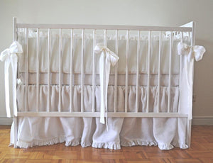 White  Linen Crib Bedding Set -  With Ruffles - Moods The Linen Store