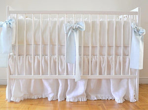 White  Linen Crib Bedding Set -  With Ruffles - Moods The Linen Store