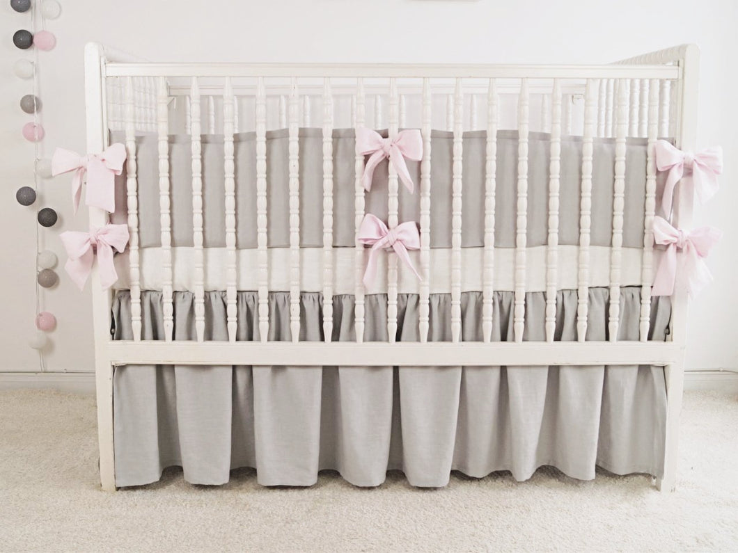 Gray Linen Crib Bedding Set - girl crib bedding - Moods The Linen Store