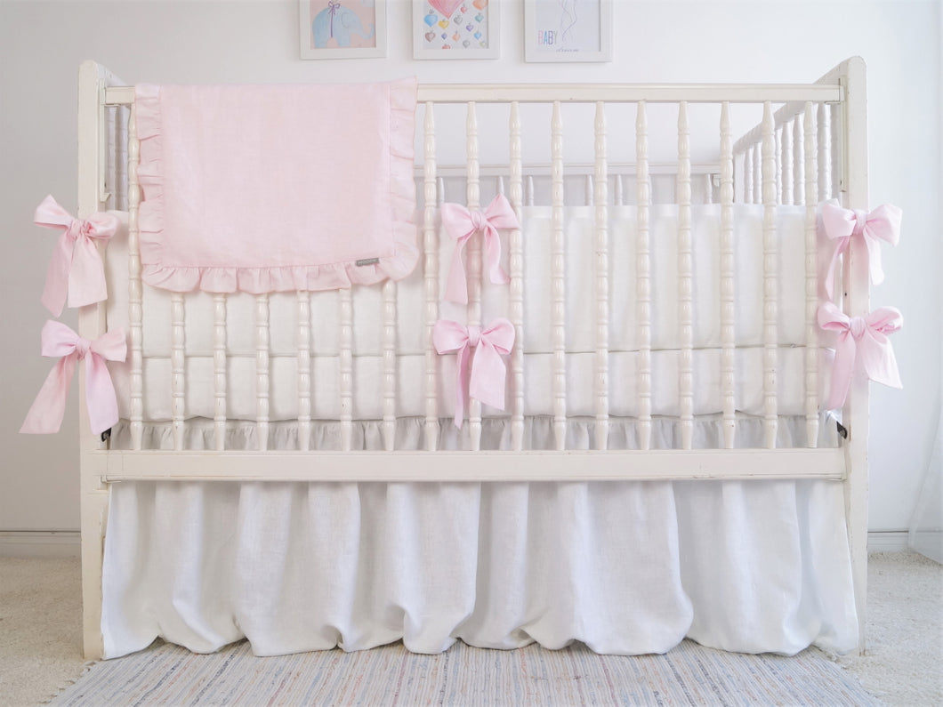 White Linen Crib Bedding Set ; Girl crib bedding